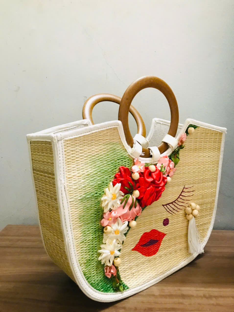TÚI CỎ TN011-V4 – Hình Chữ U Vuông, Họa Tiết Vẽ Tay – Nụ Cười Xuân - Túi Cỏ  Art Du Xuân